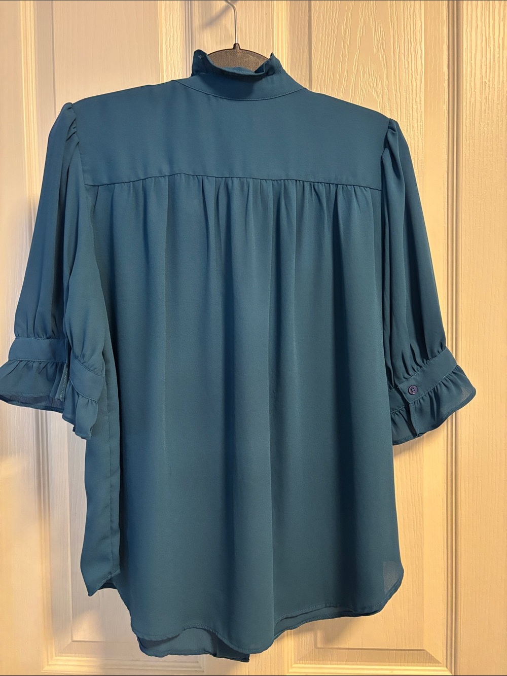 Ann Taylor Teal Ruffle-Trim Button Front Blouse - Picture 4 of 5
